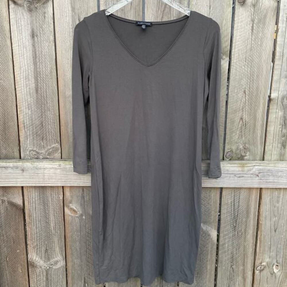 Eileen Fisher Dress Stretch Viscose Jersey V-Neck 3/4‎ Sleeve Shift Gray Small